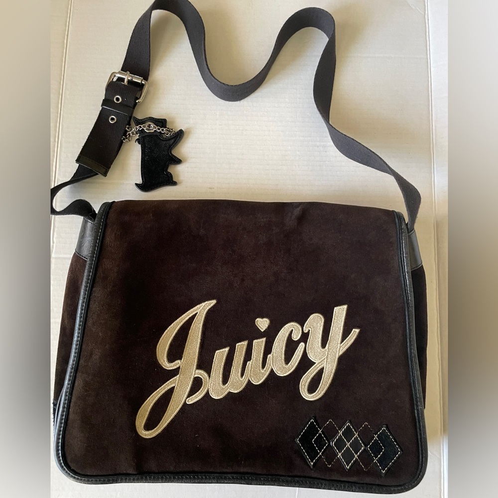 Vintage Juicy Couture Chocolate Brown Velour Messenger Bag or Book Bag Handbag
